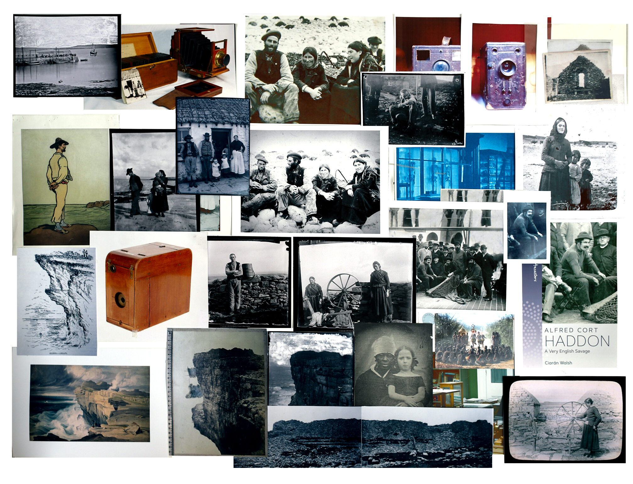 Ciarán Walsh and Patrick Cunningham digitised this photograph from Adrian Dixon's collection of John Joly material. The slide dates from around 1896 and is intended to demonstrate a viewing system for Joly's colour system. This involved placing a screen over an unexposed glass plate negative, exposing the negative, making a positive copy and placing a viewing screen over it. The screen was had very fine lines of coloured ink approximating to red, green and blue. These filtered the colour showing through the positive image and it registered as a colour photograph. The lines are visible in the finished photograph. The original is 3¼ × 5½in / 83 × 140mm